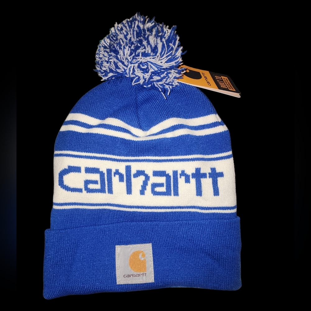 Carhartt Men's Knit Pom Pom Cuffed Logo Beanie Royal Blue And White
